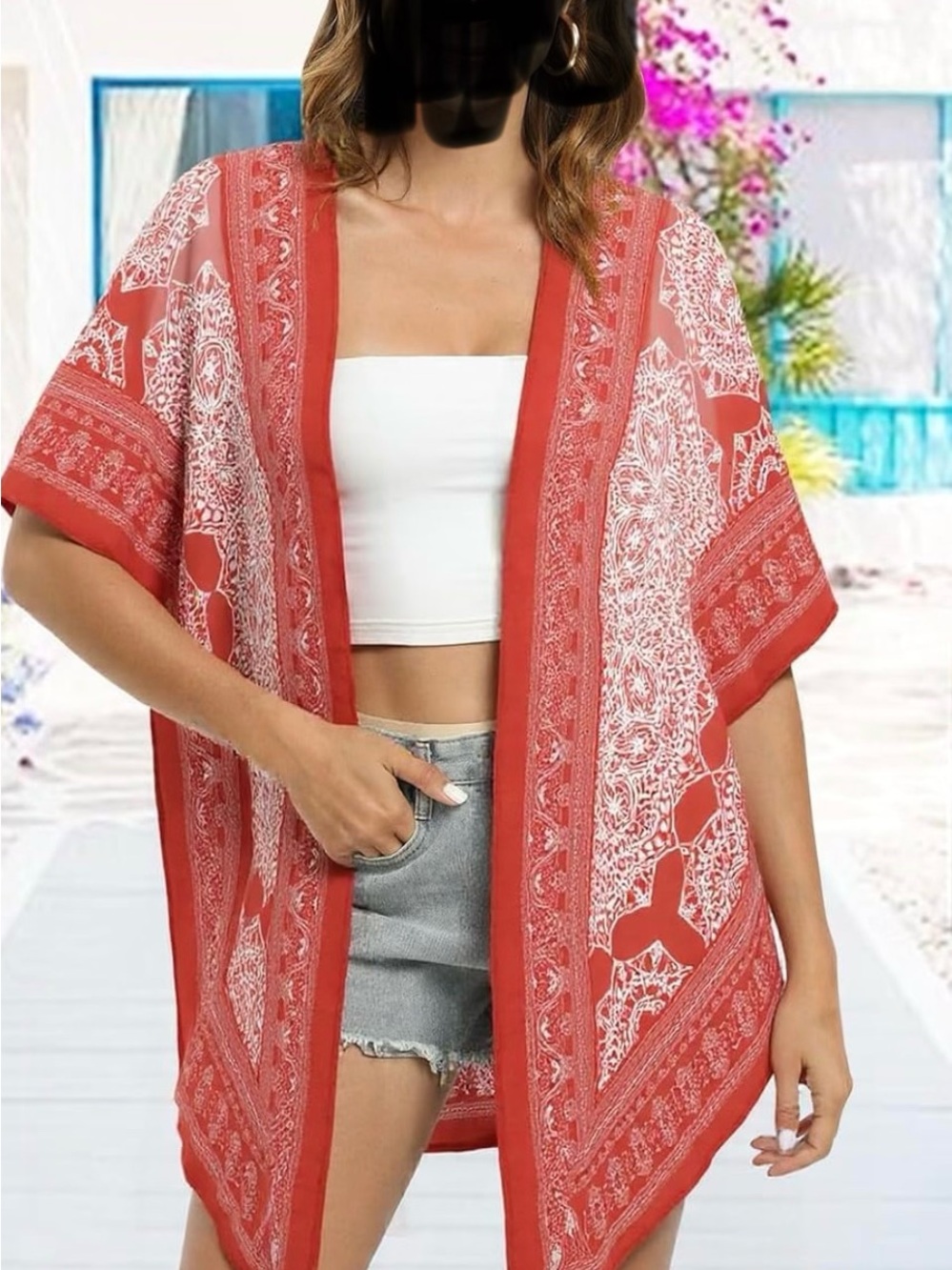 Red Bohemian Print Kimono Shawl - Unknown Brand